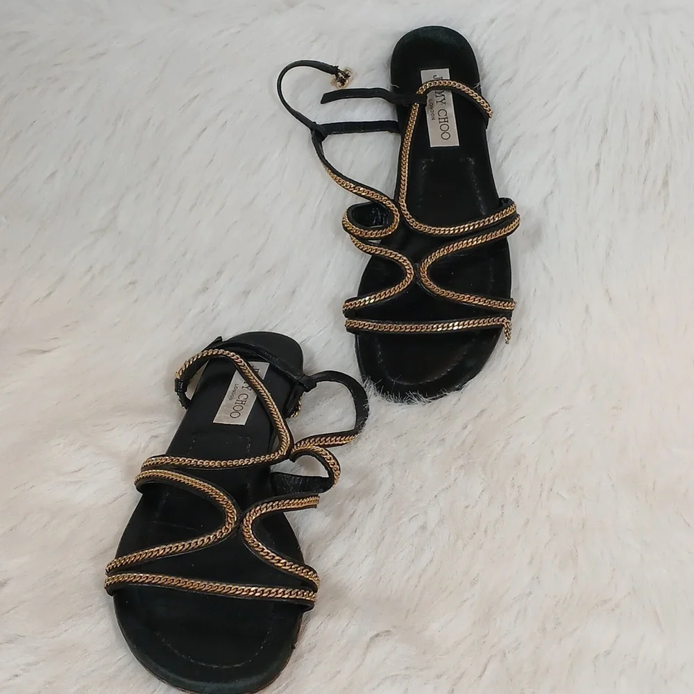 Jimmy Choo Leather Slingback Sandals Black Chain-Link Accent Sz 39 - Picture 2 of 10